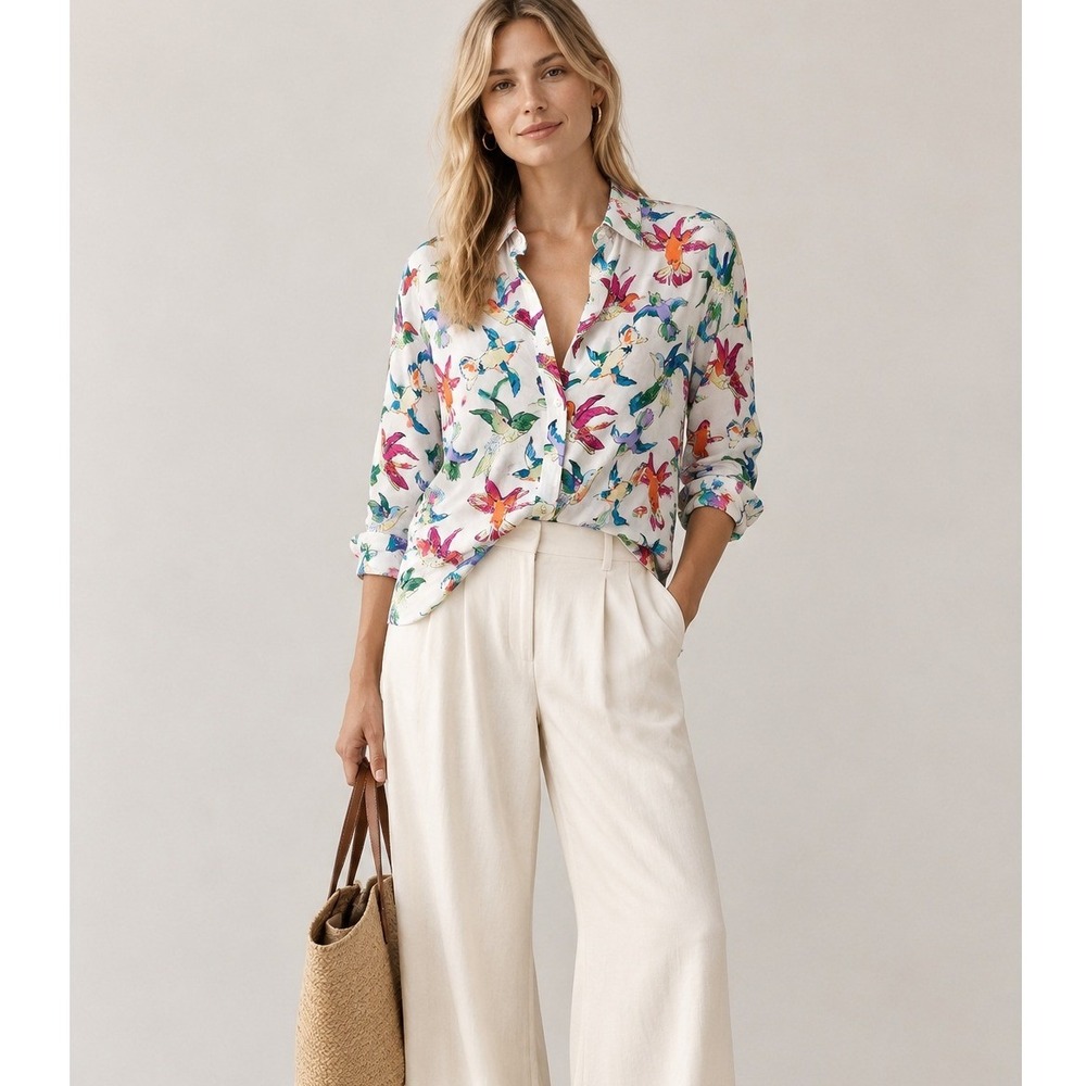Maeve Anthropologie Blouse Womens 8 White Silk Hummingbird Print Button Down Top